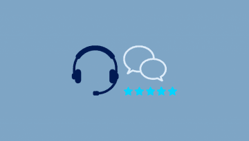 graphic with customer service headset five stars and chat bubbles