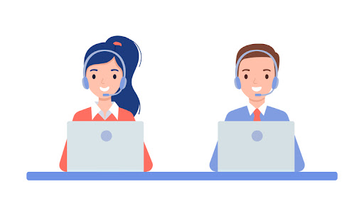 graphic of a male and female customer service rep on laptop and talking through headset