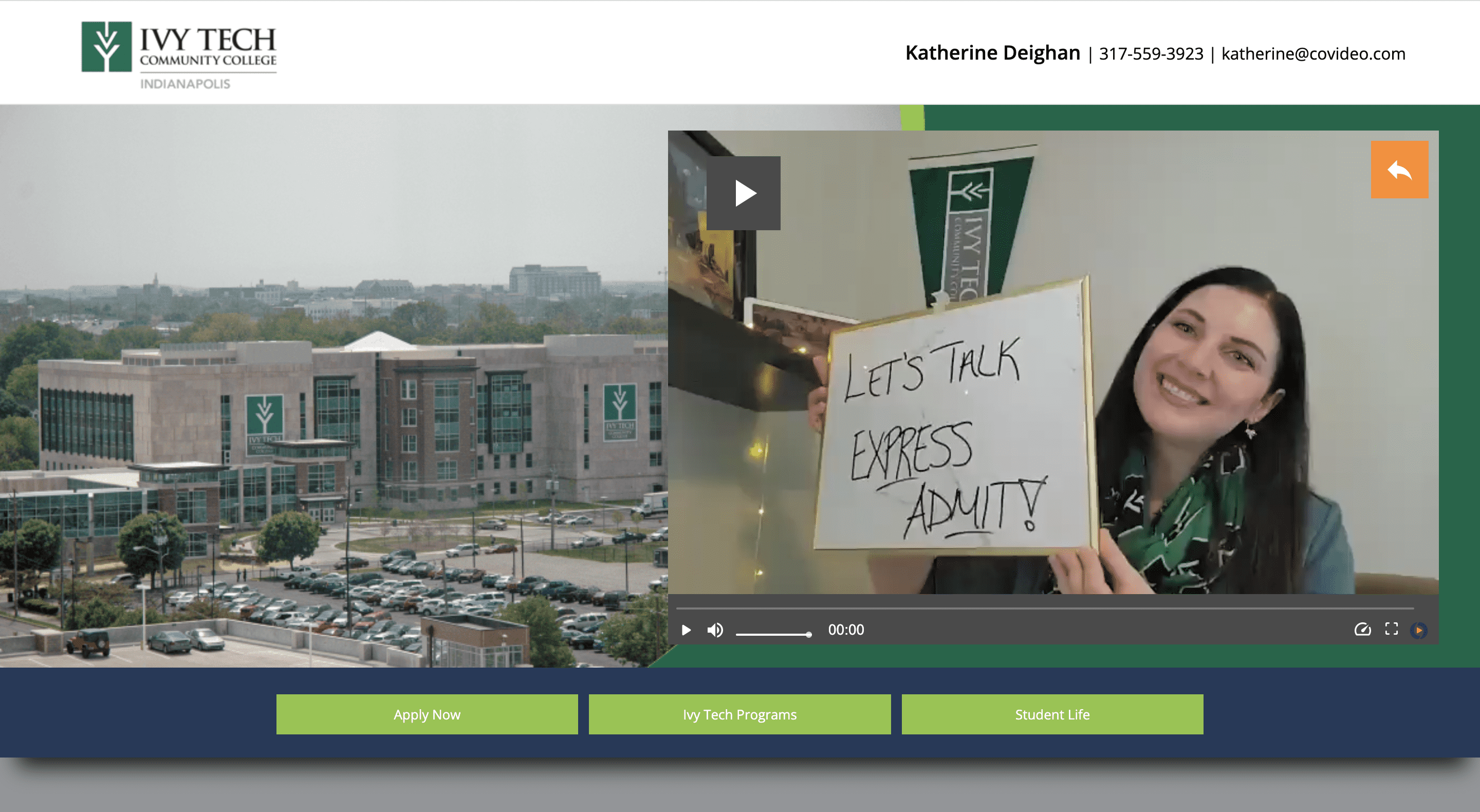 video landing page ivy tech community college woman holding up whiteboard for admissions express admit
